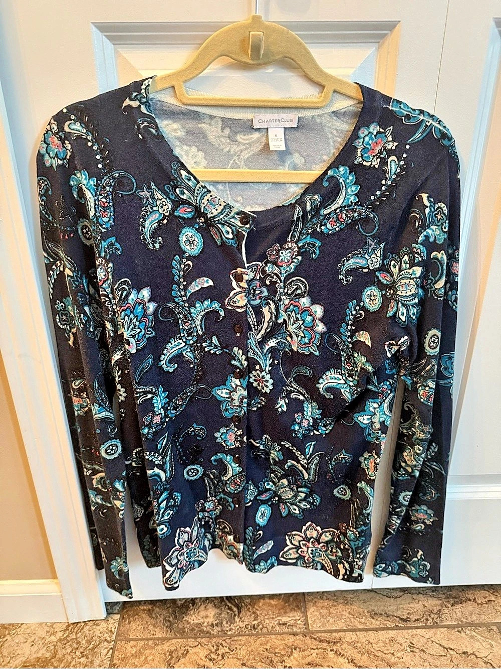 Charter Club Paisley Long Sleeve Top in Blue & Black Medium
